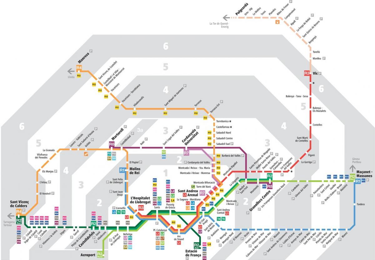 mapa do metrô de barcelona, com zonas de